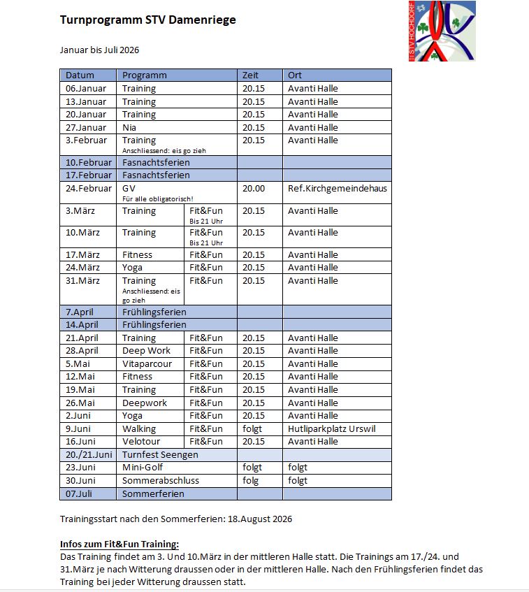 Turnpgroamm STV Damenriege Januar bis Juli 2026